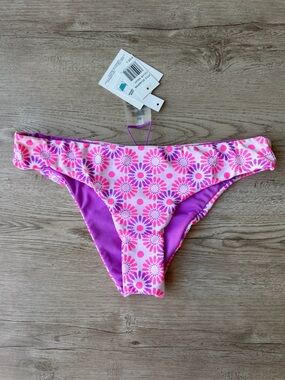 NWT Floral Ruched Cheeky Bikini Bottoms Size L Violet Pink Sunburst Print Swim